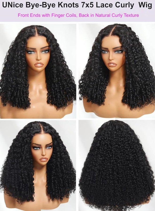 UNICE Curly Human Hair Wig with Finger Coil Ends Bye Bye Knots 7x5 Lace Glueless Wigs Human Hair Pre Plucked Pre Cut Bleached Knots Natural Hairline 150% Density 18 inch - Image 5